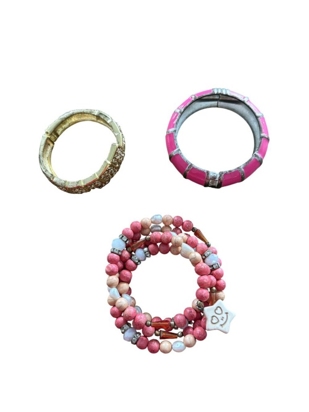 Set Of 3 Fashion Bracelets Including Gold Rhinestone Pink Enamel And Beaded Stre